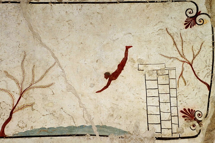 Paestum, Salerno, Itália, tumba do mergulhador, mergulhador, afresco, Magna Grécia
