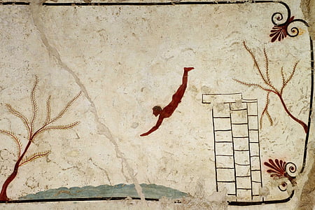 Paestum, Salerno, Italia, Makam penyelam, penyelam, lukisan dinding, Magna grecia