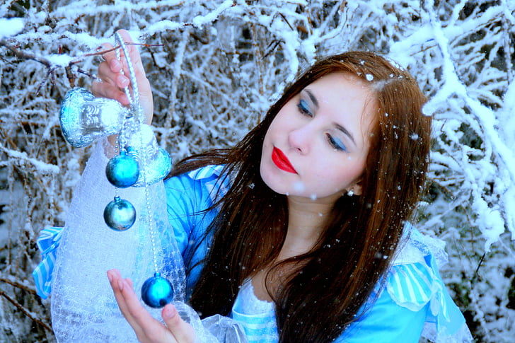 dekle, sneg, princesa, zgodba, bela, portret, modra