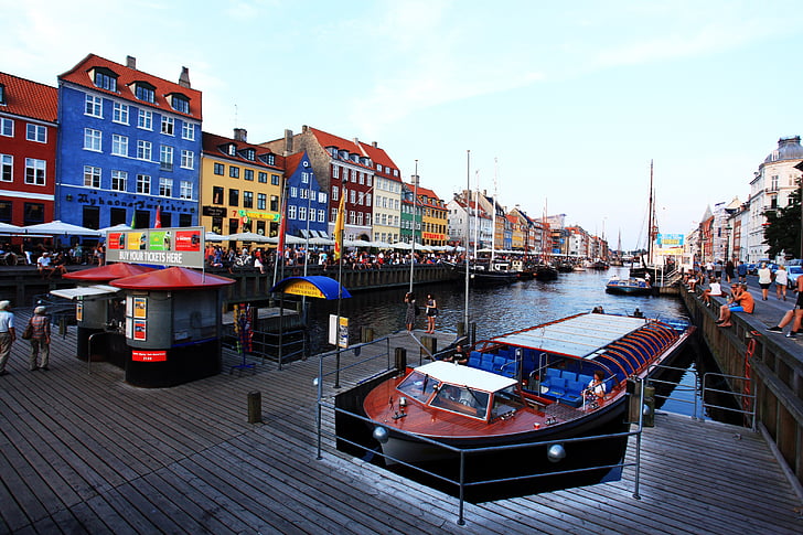 denmark, copenhagen, boats, port, channel, color, colorful