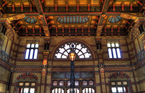 brown, building, glass, windows, Groningen central, train station, lamp post