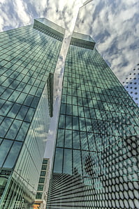 architecture, buildings, glass, high-rise, low angle shot, perspective, reflection
