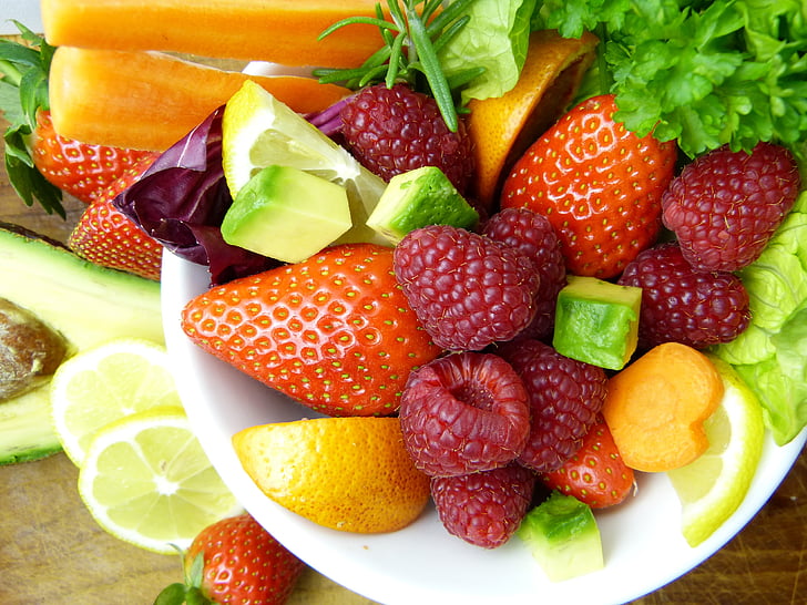 fruit, avocado, lemon, orange, strawberries, raspberries, carrots