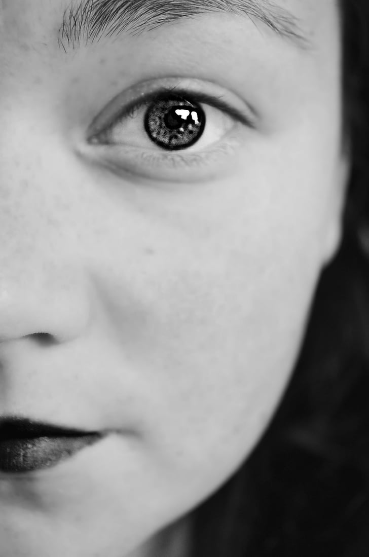 eye, black and white, face