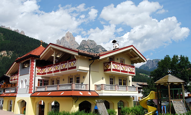 house, dolomites, mountain, sky, clouds, joust, trees