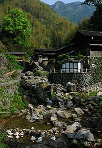 nanxi, hegyi falu, patakok, ház, csendes, lúd, gyönyörű