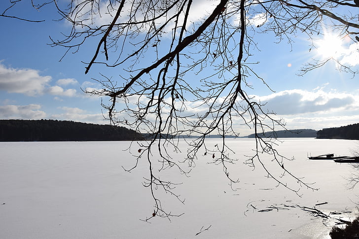 jazero, zamrznutom jazere, slnko, zimné, sneh
