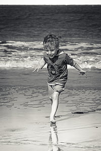 beach, boy, black and white, vacation, child, sea, beach fun