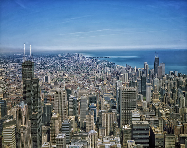Chicago, Illinois, Miasto, miast, Widok z lotu ptaka, drapacze chmur, centrum miasta