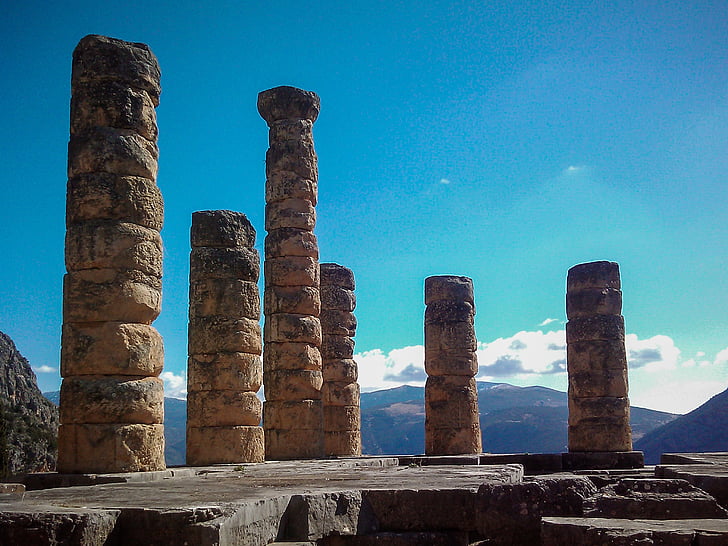 Grecia, Delfos, vacaciones, cielo, columnas, antigua, arquitectura