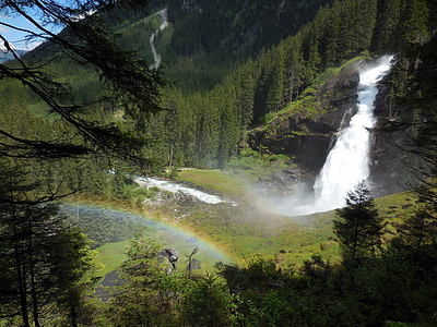 waterfall, austria, nature, water, salzkammergut, rainbow, mountains