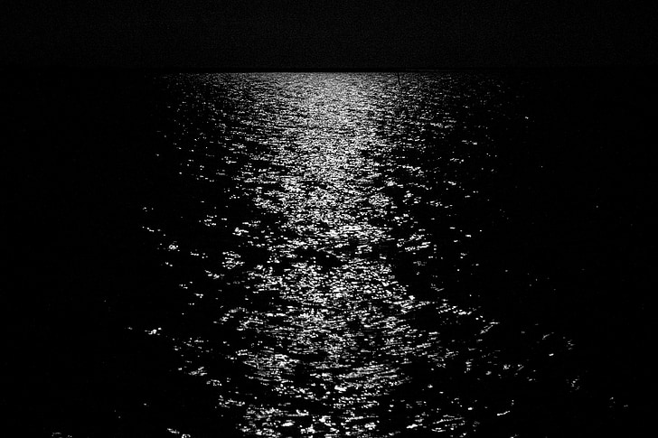 more, mjesec, ponoć, vode, noć, odraz, tamno
