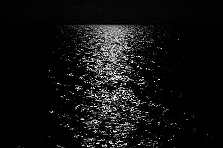 laut, bulan, tengah malam, air, malam, refleksi, gelap