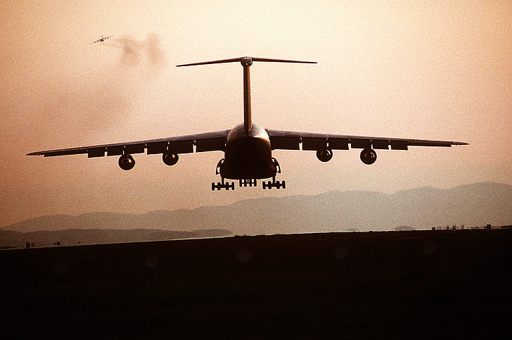 vliegtuig, silhouet, vliegtuig, landing, lading, vervoer, militaire