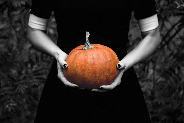 pumpkin, lady, halloween, black and white, a splash of color, one person, food and drink