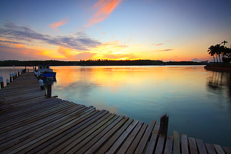 båt, Dawn, skymning, brygga, sjön, Pier, soluppgång