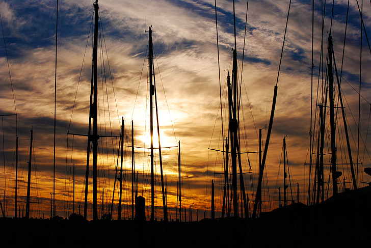 sailboats, sunset, dusk, silhouette, sky, clouds