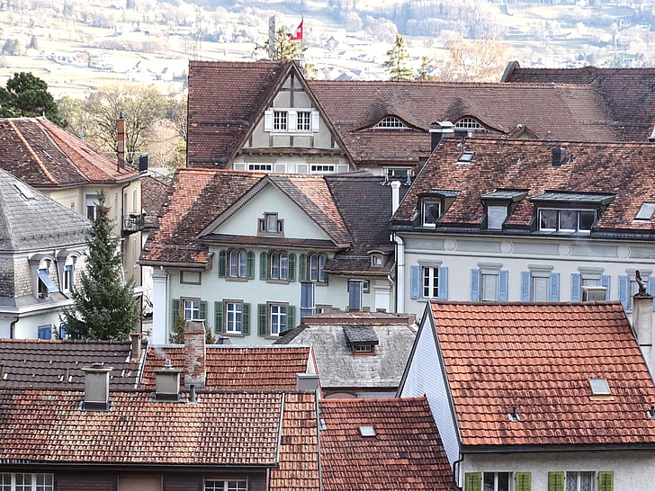poble, Suïssa, rural, cases, idíl·lic, paisatge