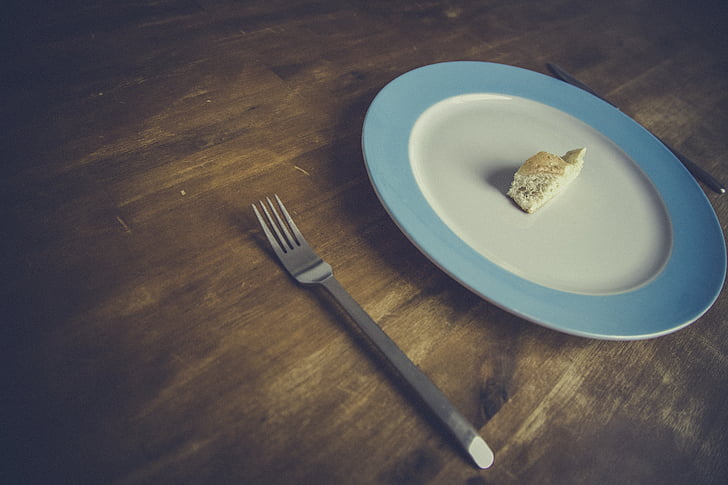 bread, diet, fork, knife, minimalism, plate, table