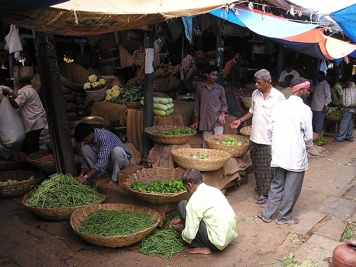 India, piac, zöldség, gyümölcs