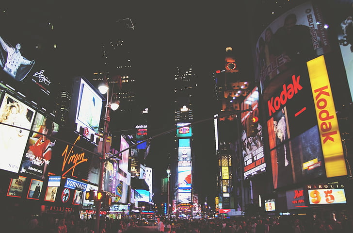 à noite, escuro, multidão, pessoas, Nova Iorque, cidade, edifícios