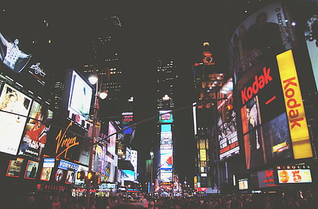natt, mørk, publikum, folk, New york, byen, bygninger