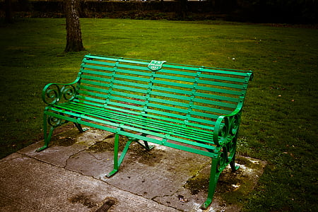 bench, metal, green, outdoor, park, nature, seat