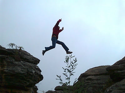 leap, jump, chasm, jumping, person, courage, man