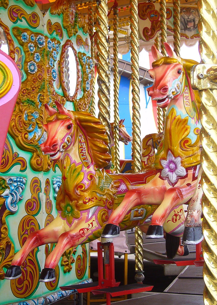 rundkjøring, karusellen, barnas tur, fornøyelsespark, hest, Brighton pier, England