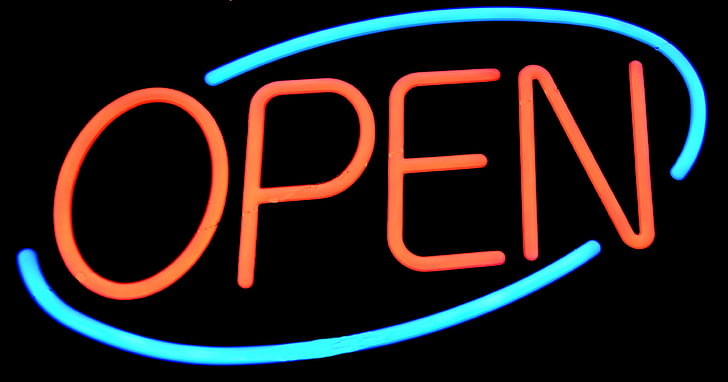 open sign, sign, signage, neon, light, bright, open