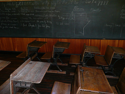 Blackboard, Klassenzimmer, Steinbach, Mennonite Heritage village, Manitoba, Kanada, Gebäude