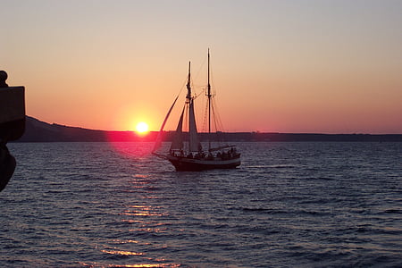 saulriets, Santorini, abendstimmung, Grieķija, romantisks, jūra, buru kuģi