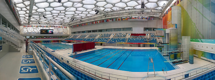 water cube, swimming pool, china, olympics, panorama, michael phelps, water
