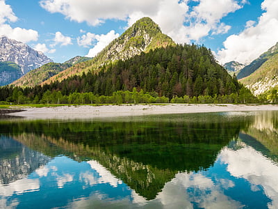 озеро Ясна, Словения, Зеркальное отображение, горы, небо, пейзаж, Природа