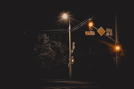 night, pedestrian crossing, signs, street lamp, traffic light