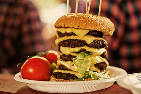 Burger, jedzenie, mięso, sera, pomidor, Płyta, Jimmy x Róża