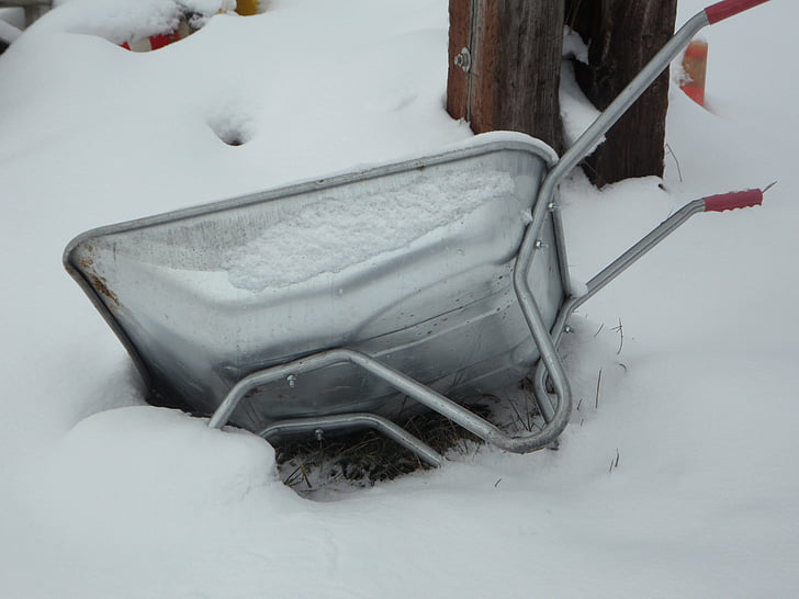 wheelbarrow, snowdrift, snow, winter, cold, upset, snowy