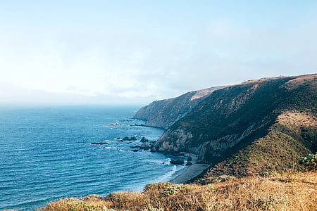 fotografie, Cliff, in de buurt van, Oceaan, gras, Highland, zee