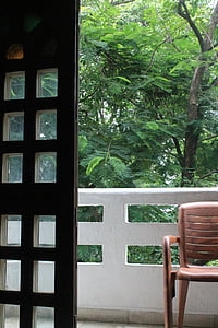 drzwi, krzesło, balkonem, drzewa, Wnętrze
