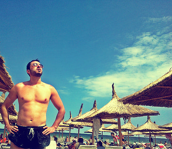 plaža, čovjek, tijelo, kože, Tan, sunčane naočale, Turistička