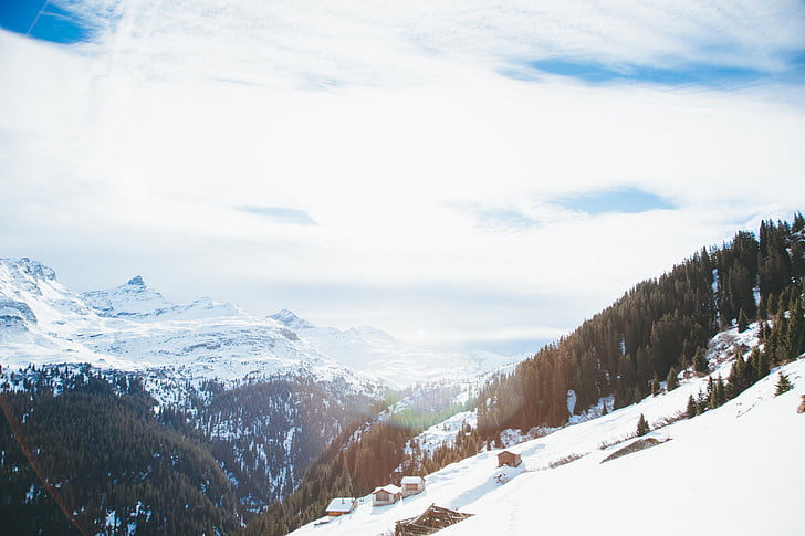 cabins, clouds, cold, landscape, mountain range, mountains, nature