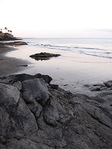 roca, Costa, puesta de sol, arena, Playa