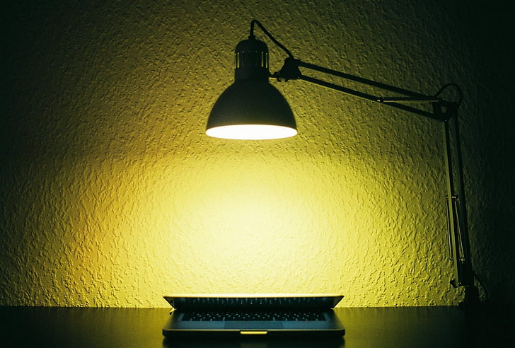 bright, computer, dark, illuminated, lamp, laptop, light