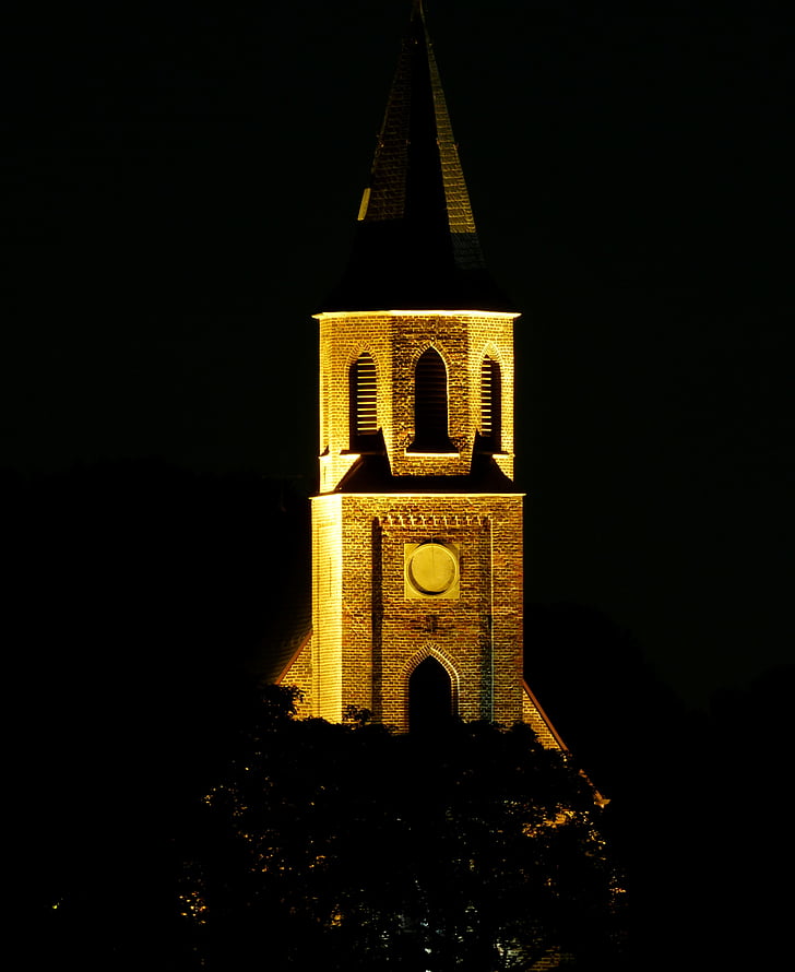 church, steeple, illuminated, night photography, night photograph, building, lighting