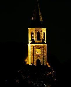 教会, 尖塔, 照らされました。, 夜の写真, 夜の写真, 建物, 照明