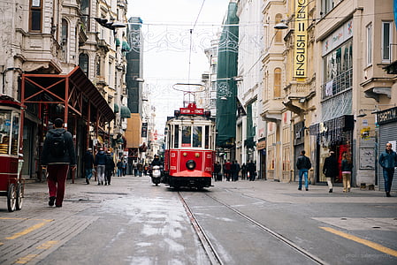 tram, street, urban, city, city street, transportation, incidental people