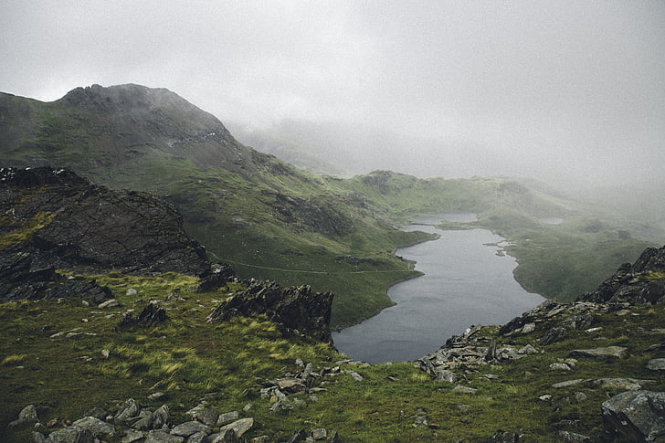 tåke, gresset, Lake, landskapet, fjell, natur, steiner