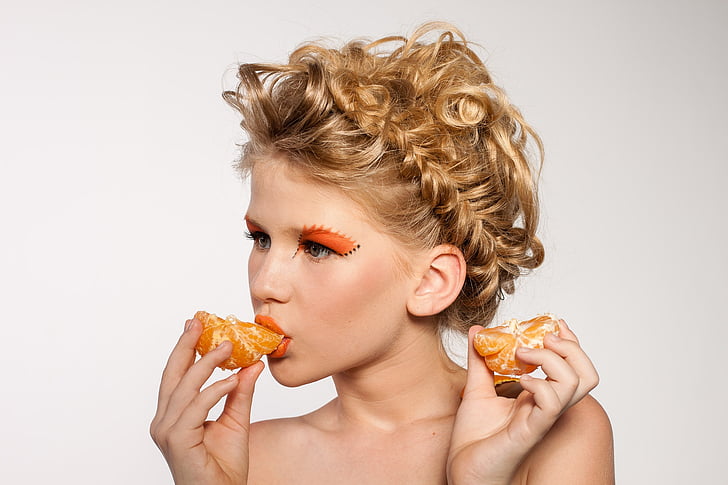 woman, portrait, makeup, model, fruit, tangerine, fashion