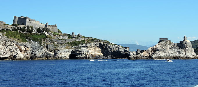 城堡, 悬崖, 海, 岩石, 教会, 波尔图 venere, 利古里亚