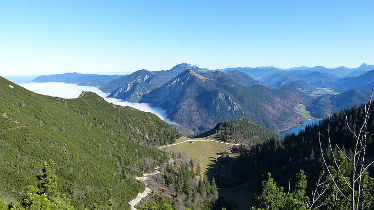 alpin, montagnes, bleu, brouillard, Walchensee, humeur, à travers les brumes